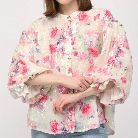 Floral Sequin Bubble Sleeve Blouse - Picture 2 of 12